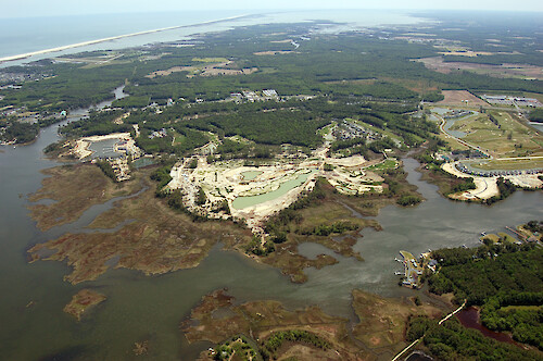 The Riddle Farm development on Turville Creek (foreground), and Herring Creek (back left). Assateague Island is visible in the background.
