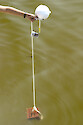 The setup consists of a buoy, rope, perforated plastic cup (cabled tied to the rope), a fishing sinker (also cable tied to the rope) to keep the chamber from floating to the surface and a heavy weight (bricks) at the bottom