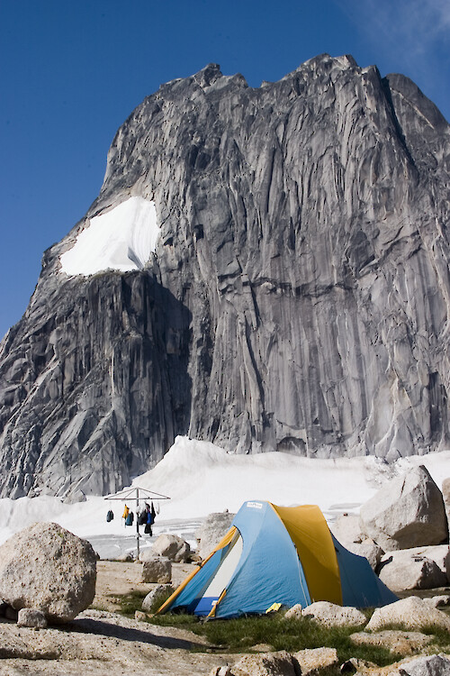 The Bugaboos are in the Northern Purcell Range in British Columbia. BC Parks has installed clothes lines as a means for campers to store their food out of reach of Snafflehounds (a term for any species of rodent that inhabits the alpine).