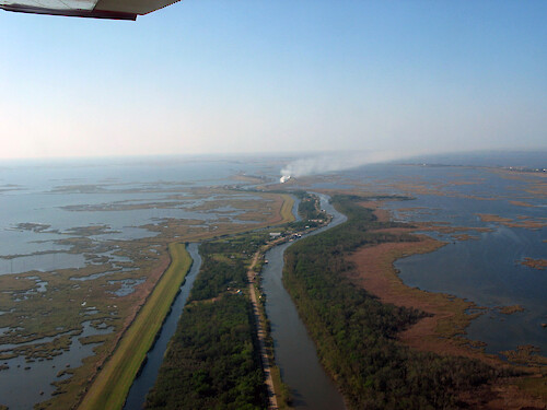 Flood protection barrier sout east of Houma in coastal Louisiana
