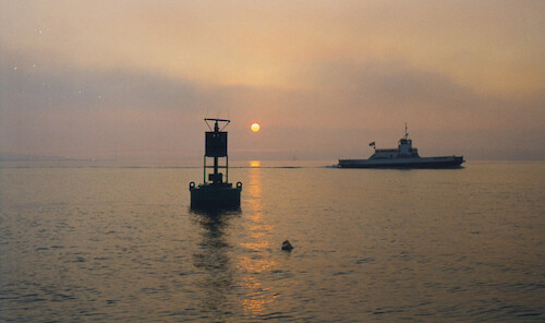The Providence to Newport RI ferry at sunset taken during a Rapid Invasive Survey of Narragansett Bay. 