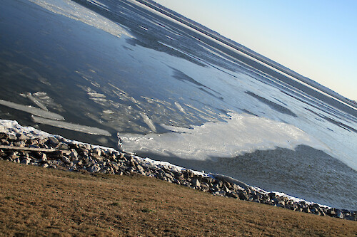 Ice on rip rap along the Choptank River behind Center Administration