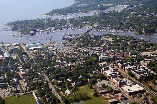 Downtown Annapolis. Spa Creek is in the middle, Eastport and Back Creek are in the background.
