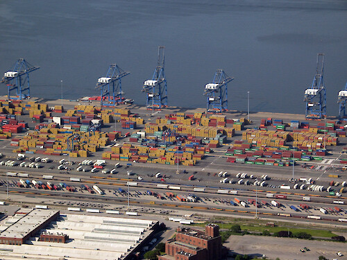 Shipping containers and cranes at the Dundalk Marine Terminal on the Patapsco River near Baltimore. 
