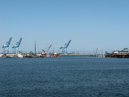 Cargo boats and cranes in Los Angeles Harbor.