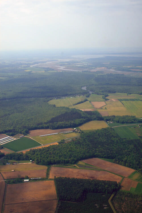 Forests and fields surround the Pocomoke River as it makes its way to the Chesapeake Bay. Here it forms the border between Worcester and Somerset Counties