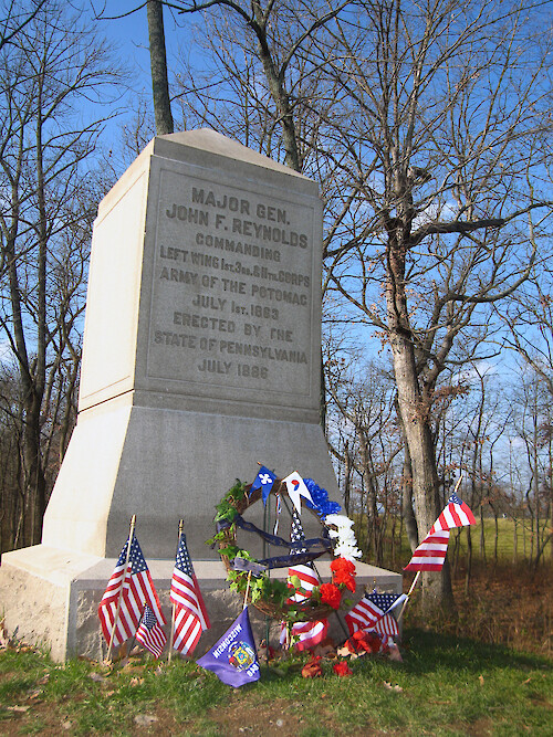 Monument to Major General John F. Reynolds, who was killed in the Battle of Gettysburg on the first day - July 1, 1863.