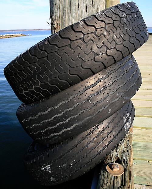 Tires around a piling on the dock at Horn Point Lab, used as bumpers for docking boats