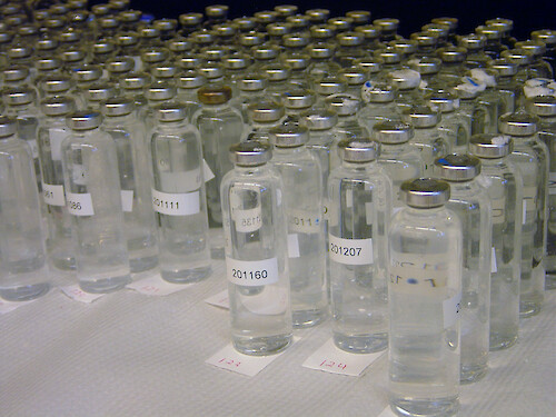 Water samples collected for analysis. These samples have been capped and crimped to seal against gas exchange so that dissolved gases can be analyzed.