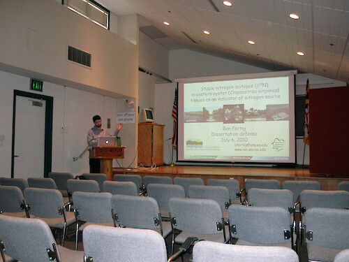 Ben Fertig prepares to make a presentation at the UMCES Horn Point lab, in Cambridge, Maryland, regarding how nitrogen levels in oyster tissue can be used as an indicator of estuary nitrogen sources.