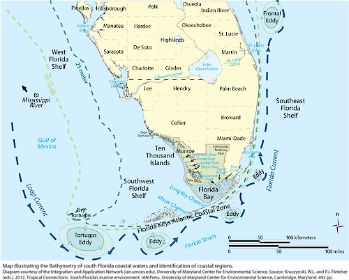 Map illustrating the bathymetry of south Florida coastal waters and identification of coastal regions.