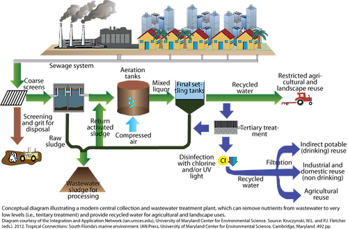 Conceptual diagram illustrating a modern central collection and wastewater treatment plant.
