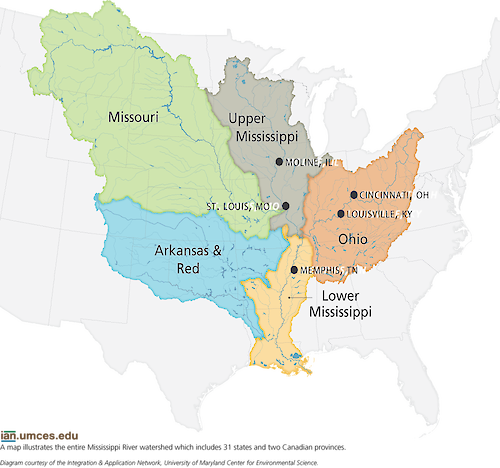 The Mississippi River Watershed includes six sub-basins and stretches across 31 states and two Canadian provinces. Each sub-basin has its own indicators and results that will all be used in creating the report card.