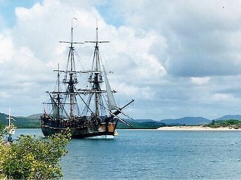 Endeavour replica in Cooktown, offshore from where the Endeavour was beached for repairs.