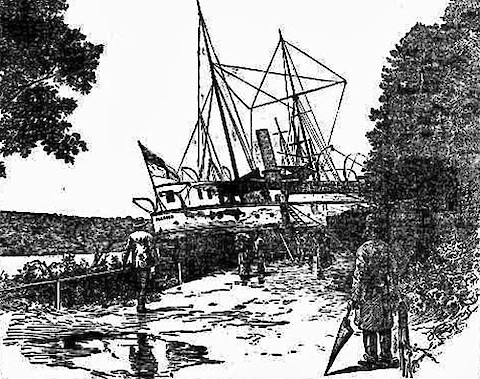 Newspaper drawing of the Paluma aground in the botanic gardens. Two weeks later another flood allowed it to be re-floated.