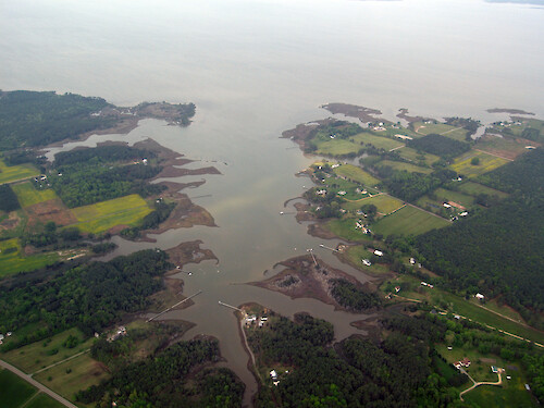 Fields and marsh lining Pepper Creek, which enters Mobjack Bay
