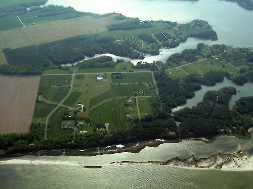 Looking east at Church Neck and Great Neck, with Hungars Creek. Seagrass can be seen in Chesapeake Bay in the foreground.