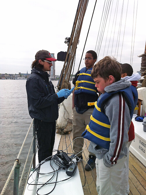 David Flores demonstrates to Baltimore students the use of a water quality probe.
