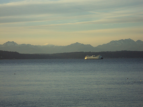Olympic mountains in a haze across the Puget Sound from Seattle.