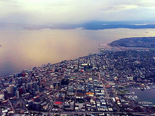 Birdseye view of Seattle, right before landing. 
