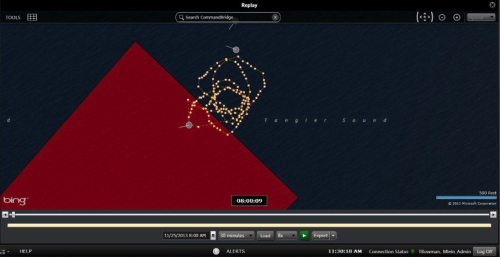 Figure 2: A screenshot showing the tracks of a vessel possibly illegally harvesting oysters within a sanctuary (shown in red) in Tangier Sound. Maryland Natural Resource Police investigated and confirmed poaching by this vessel. Image c/o Maryland Department of Natural Resources. (http://news.maryland.gov/dnr/2013/11/26/nrp-radar-network-continues-to-thwart-oyster-poachers/)