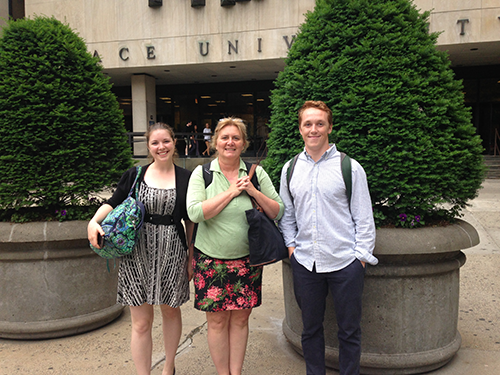 Suzi, Judy, and Dylan in front of Pace University just before the STEM celebration event on Thursday. Credit: Judy O’Neil