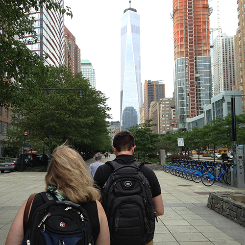 Judy and Simon navigating the Big Apple as the World Trade Center looms in the background. Credit: Dylan Taillie