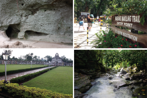 Anggono Petrogylyphs (top left), credit: Wikimedia; Nagcaran church and underground cemetery (bottom left), credit: Wikimedia; Mount Makiling Park, credit: Danielle Afuang; Falls within Makiling Park, credit: Flickr CC