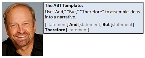 Randy Olson created the ABT template to help people give their ideas the structure of a story.