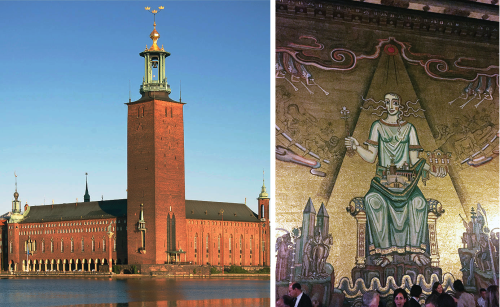 Stockholm City Hall and a mosaic in the Golden Hall.