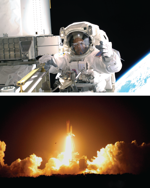 Top: Ricky posing on a spacewalk more than 200 miles above Earth, outside of the International Space Station. Bottom: Space Shuttle Discovery liftoff from the Kennedy Space Center in Florida. Photos by NASA.