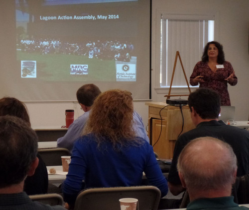 Leesa Souto, Executive Director of the Marine Resource Council, welcomes participants to the report card workshop. 