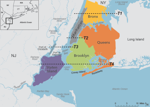The map of the New York Harbor region includes the five boroughs of New York City (Manhattan, Bronx, Queens, Brooklyn, Staten Island), Westchester County, New York, Nassau County on Long Island, New York and extensive regions of Northeast New Jersey.