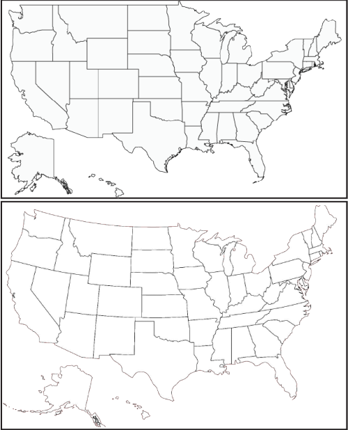 Figure 2. Comparing two maps of the United States: on top, a Mercator projection; on the bottom, an Albers equal-area conic projection. Credit: worldatlas.com (top) and freeusandworldmaps.com (bottom).