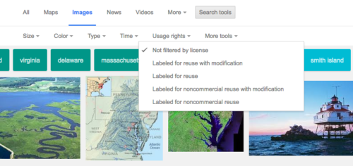 To filter google searches, go to Search Tools and then Usage Rights.