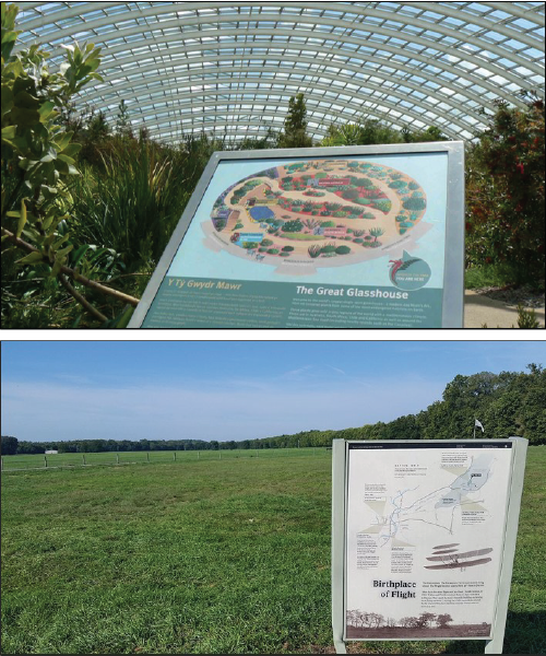 If you are planning an on-site poster, consider drawing on the design experience reflected in museum exhibits or parks department displays. (Top: National Botanic Garden of Wales. Bottom: Huffman Prairie Flying Field)