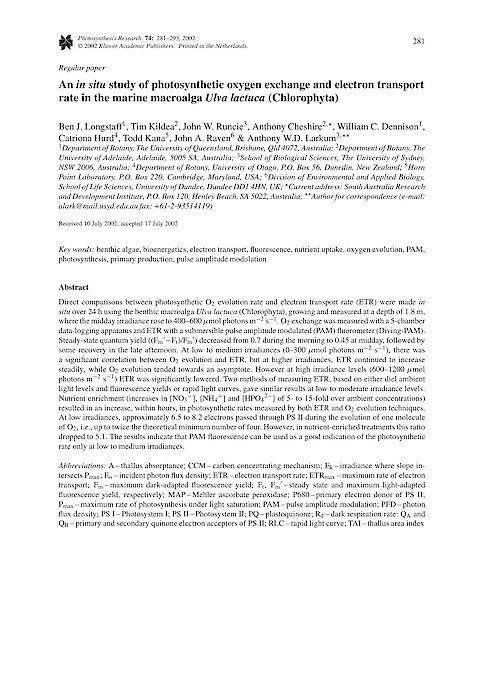An in situ study of photosynthetic oxygen exchange and electron transport rate in the marine macroalga Ulva lactuca (Chlorophyta) (Page 1)