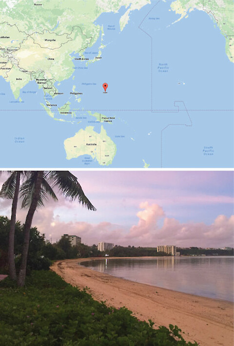 Top: Guam's location. Photo credit: Google Maps. Bottom: hotels dot the shoreline around along the northwest coast of Guam. Photo credit:Â Alex Fries