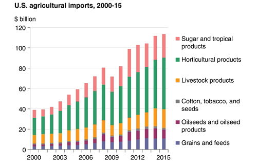 Imports to the US of fruits, vegetables, and other horticultural products have increased substantially in recent years. High demand for these products outweighs domestic production capacity. Source: USDA Economic Research Service using data from U.S. Department of Commerce, U.S. Census, Foreign Trade Database.