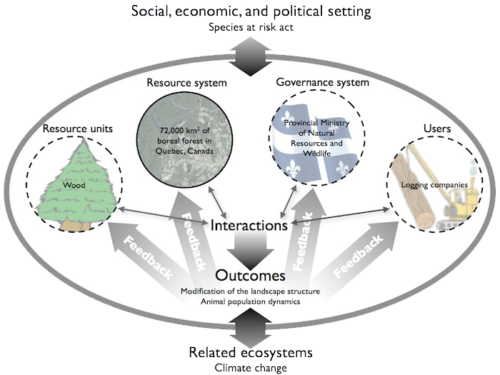 Example diagram of a boreal forest social-ecological system based on Ostrom’s framework (Parrott et al., 2012; Ostrom, 2009). Conceptual diagrams help elucidate complex ideas and processes more efficiently by making them visually explicit, e.g. incorporating both the environmental & social perspectives of a system and coupling them on multiple levels.