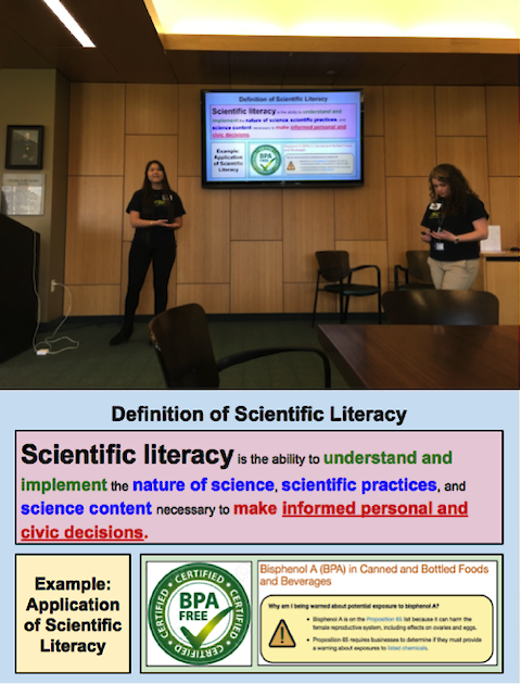 Top: Two students discuss the definition of science literacy. Image credit: Brianne Walsh. Bottom: The definition of science literacy, as described by the University of Rochester Warner School of Education. Image credit:Â University of Rochester Warner School of Education.