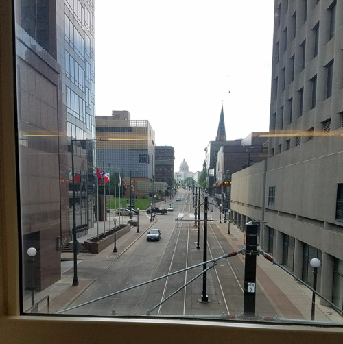 The view from one of the skybridges, looking north to the capitol building. Image credit: Caroline Donovan