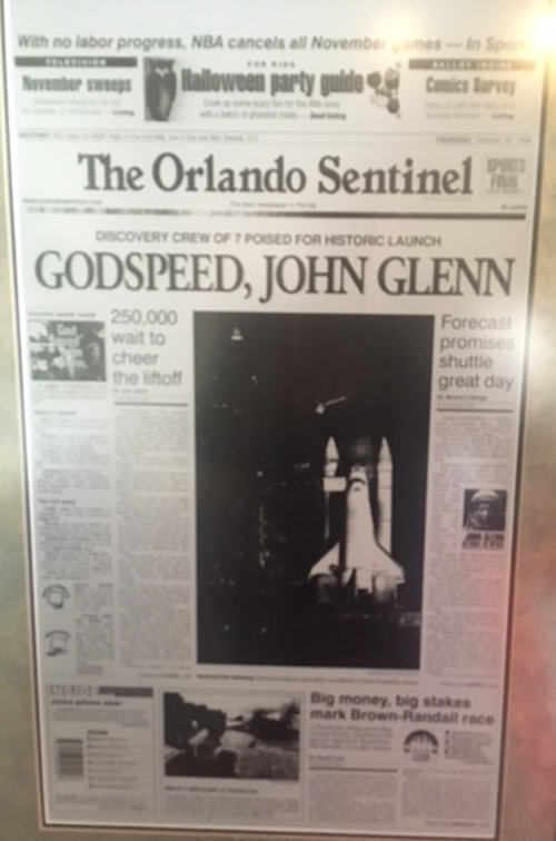 Newspaper headline posted at National Press Club of John Glenn,  historic launch. Image credit: Bill Dennison