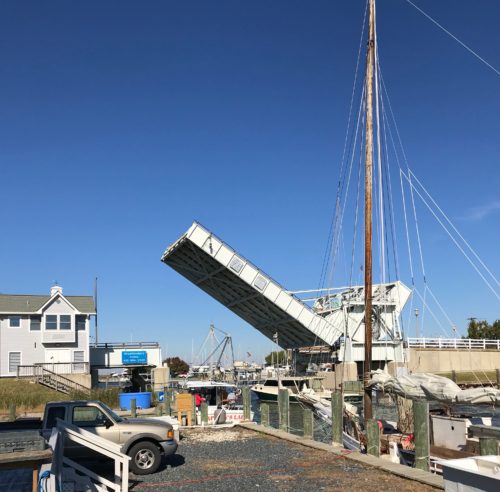Tilghman Island drawbridge and skipjack from the Phillips Wharf Environmental Center. Photo credit: Bill Dennison.