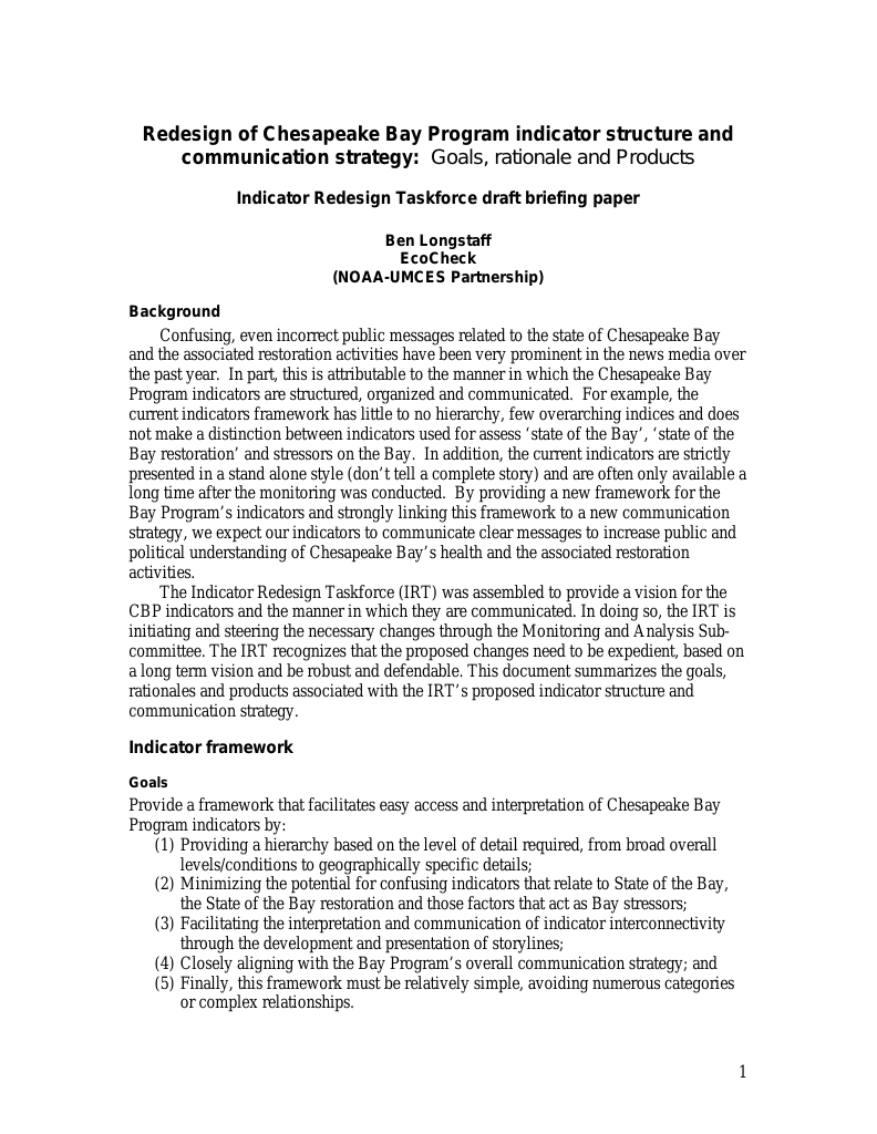 Redesign of Chesapeake Bay Program indicator structure and