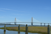 Looking at Arthur Ravenel Jr bridge from inside Charleston Harbor