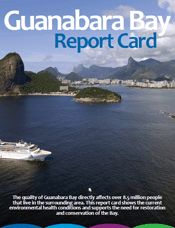 The cover of the Guanabara Bay report card showing the city of Rio de Janeiro with buildings along the coast and forested and rocky hillsides.
