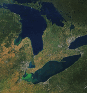Satellite image of Lake Erie where the water appears dark blue except in two coastal zones near Toledo, Ohio and Detroit, Michigan as well as Saginaw Bay. In those 