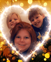 Image shows Jennifer with her son and daughter and a heart shaped filter applied around all 3 of their faces, which fill the frae.
