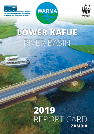 The cover of the 2019 Lower Kafue River Basin report card showcasing a bridge going over water.